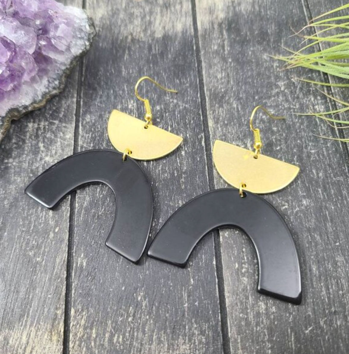Earrings Black Acrylic Arch with Brass Semicircle Maya Made This